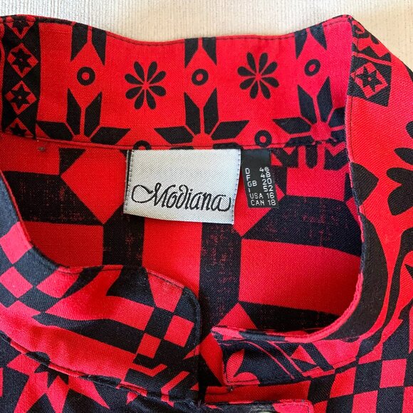 Vintage Modiana Red Black Graphic Pattern Button Up Tunic Dress Shirt Whimsigoth - Picture 9 of 16